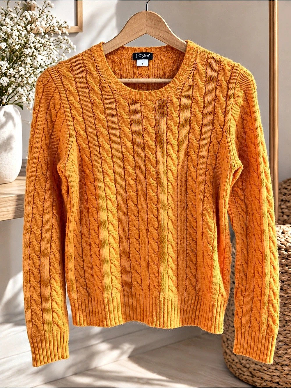 J.Crew Cotton Cable-Knit Crewneck Sweater Orange Small